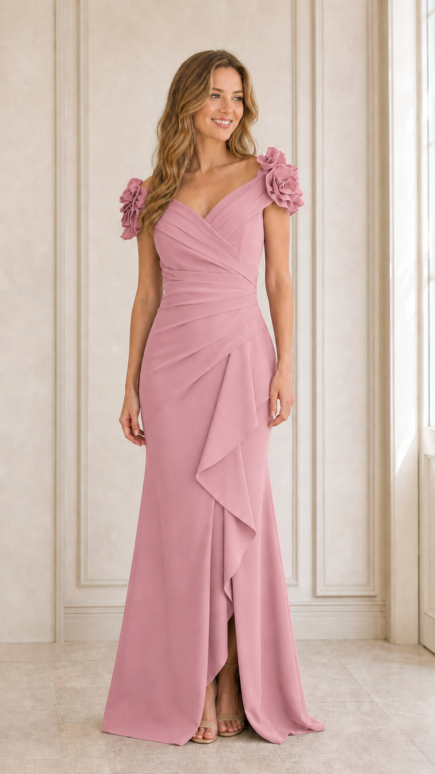 Pink evening dress front view on model