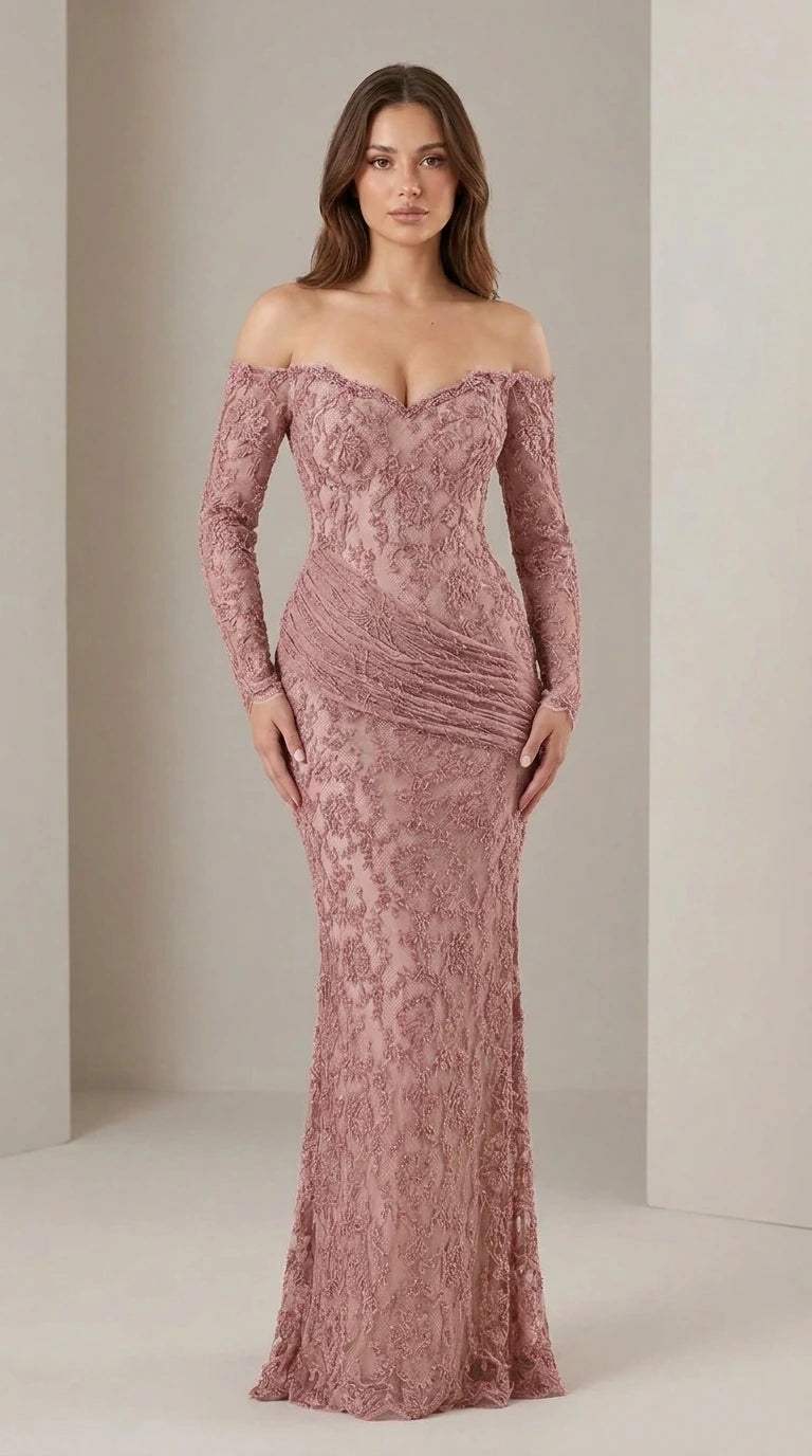 Off-Shoulder Long Sleeve Lace Evening Gown in Dusty Rose