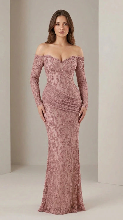 Off-Shoulder Long Sleeve Lace Evening Gown in Dusty Rose