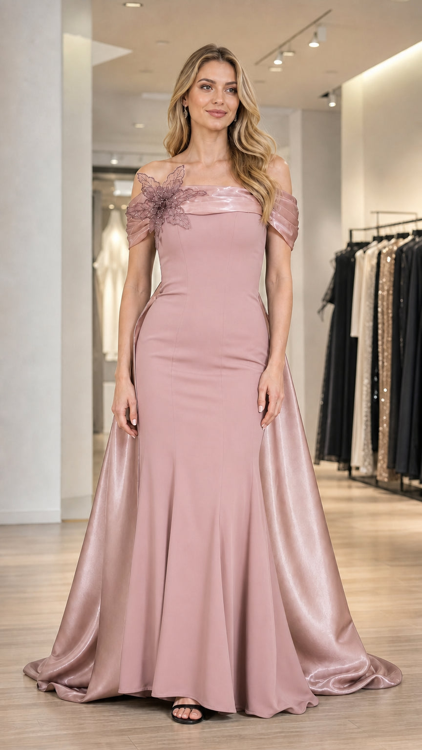 Dusty rose color variant of the off-shoulder evening gown