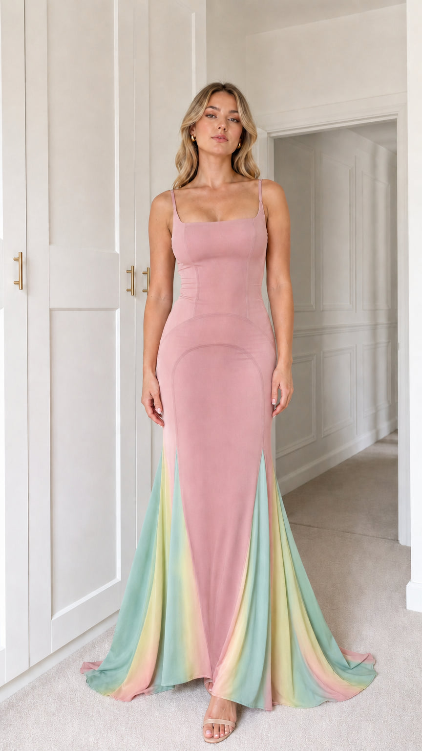 Front view of dusty rose mermaid maxi dress