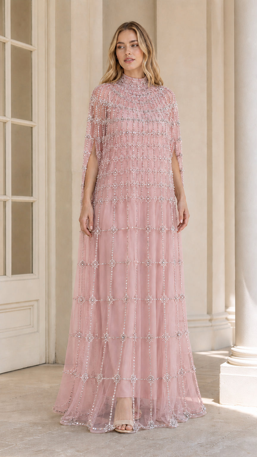 Blush pink beaded high neck cape evening maxi dress