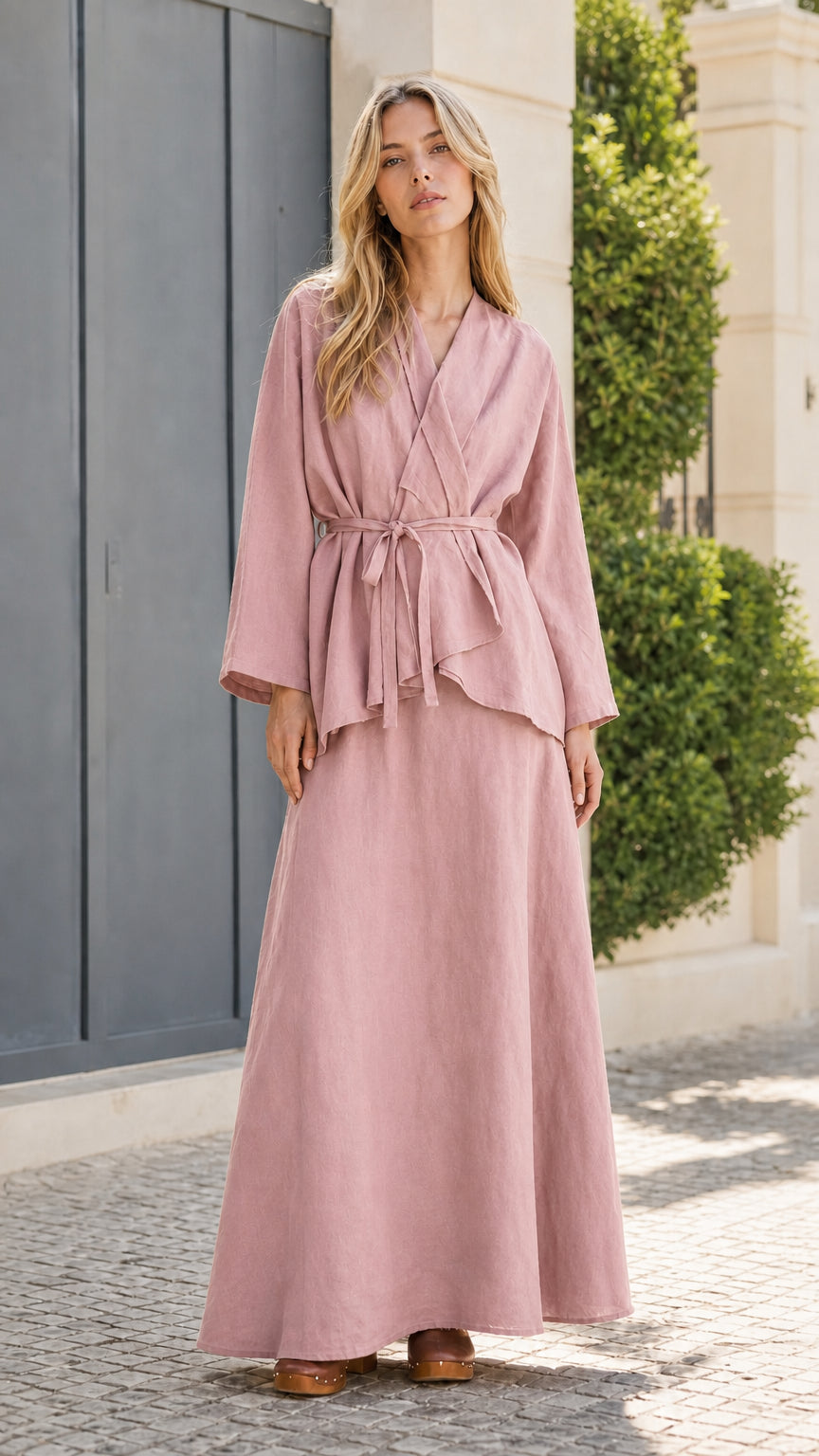Front view of model wearing pink two-piece set