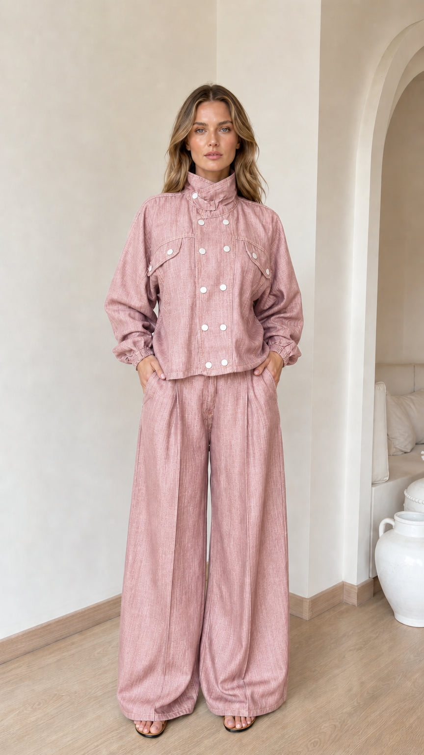 Model wearing pink denim jacket and wide-leg pants set