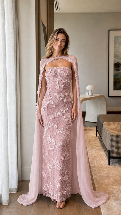 Dusty Pink strapless formal dress with delicate floral appliques and flowing sheer cape