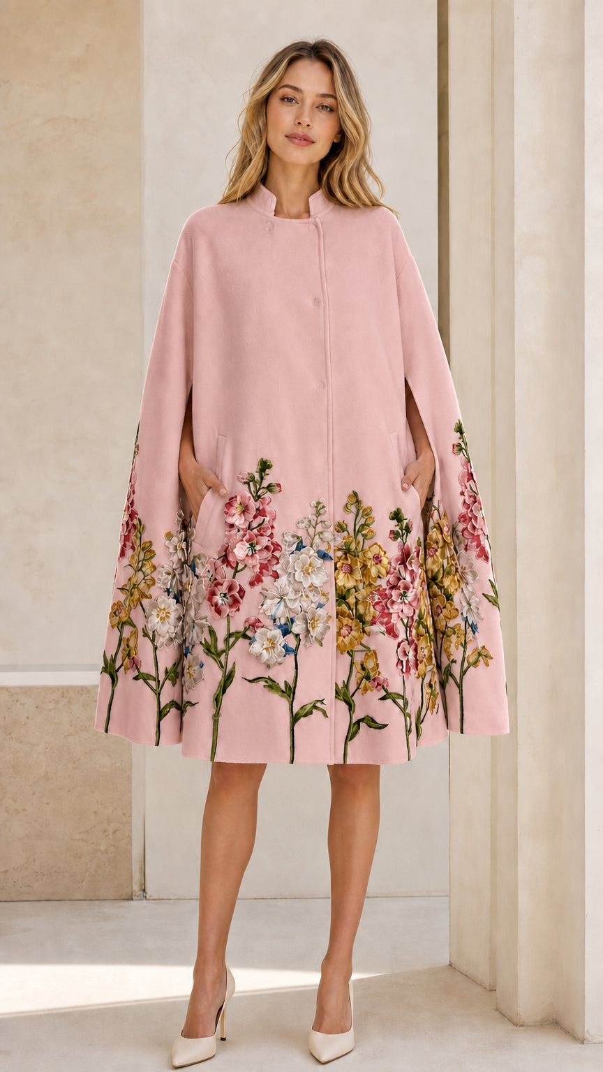 Front view of Pink floral embroidered cape coat on model