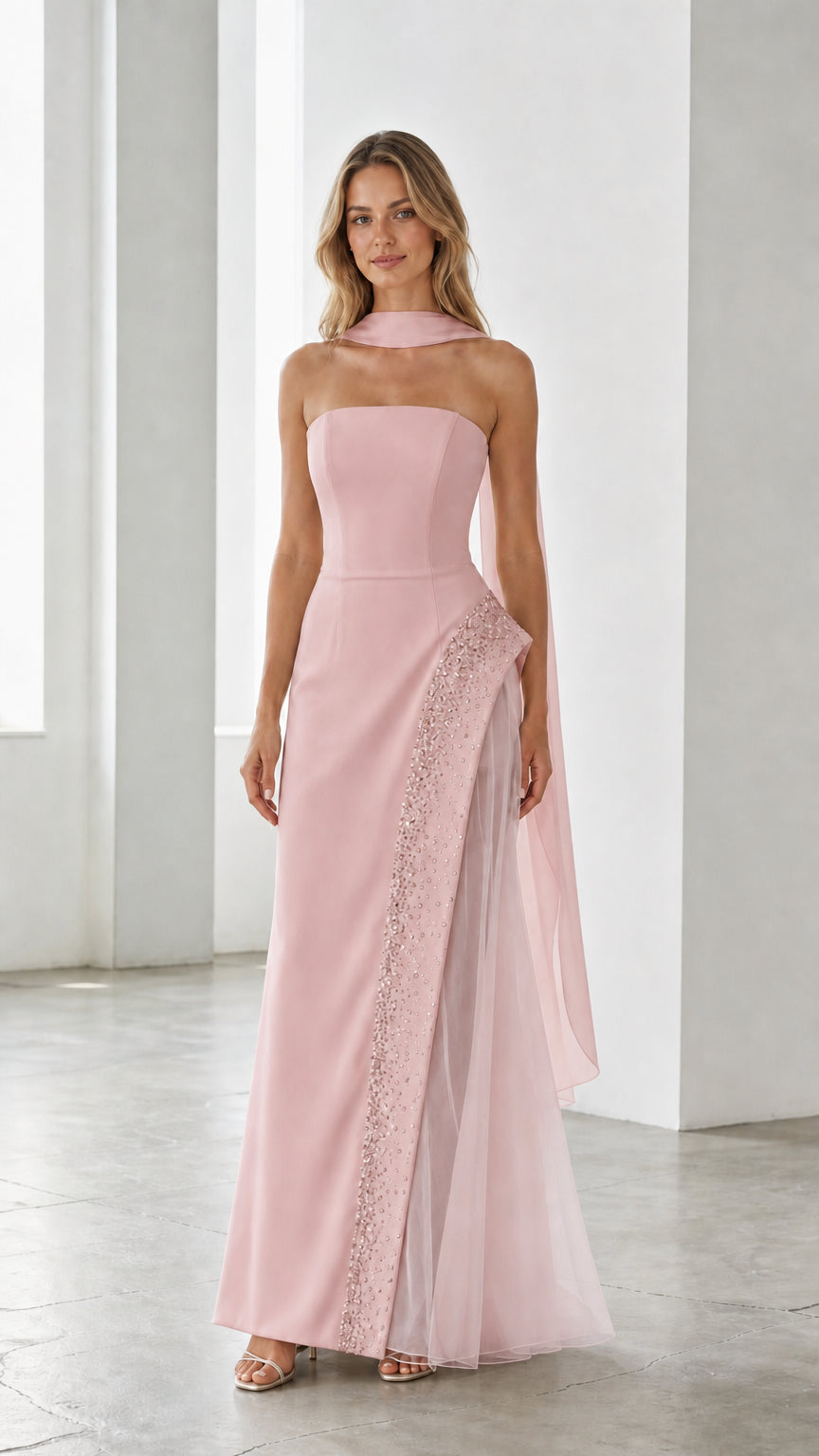 Pink strapless evening gown with matching pink scarf