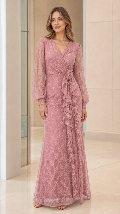 Front view of pink lace long-sleeve maxi dress