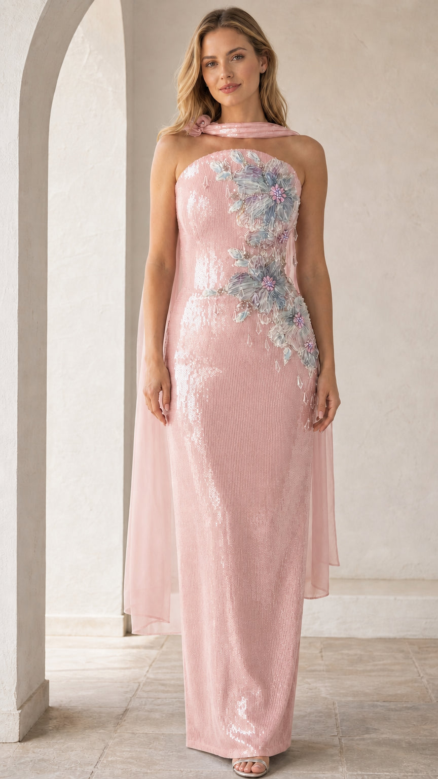 Pink version of the floral applique sequin evening gown