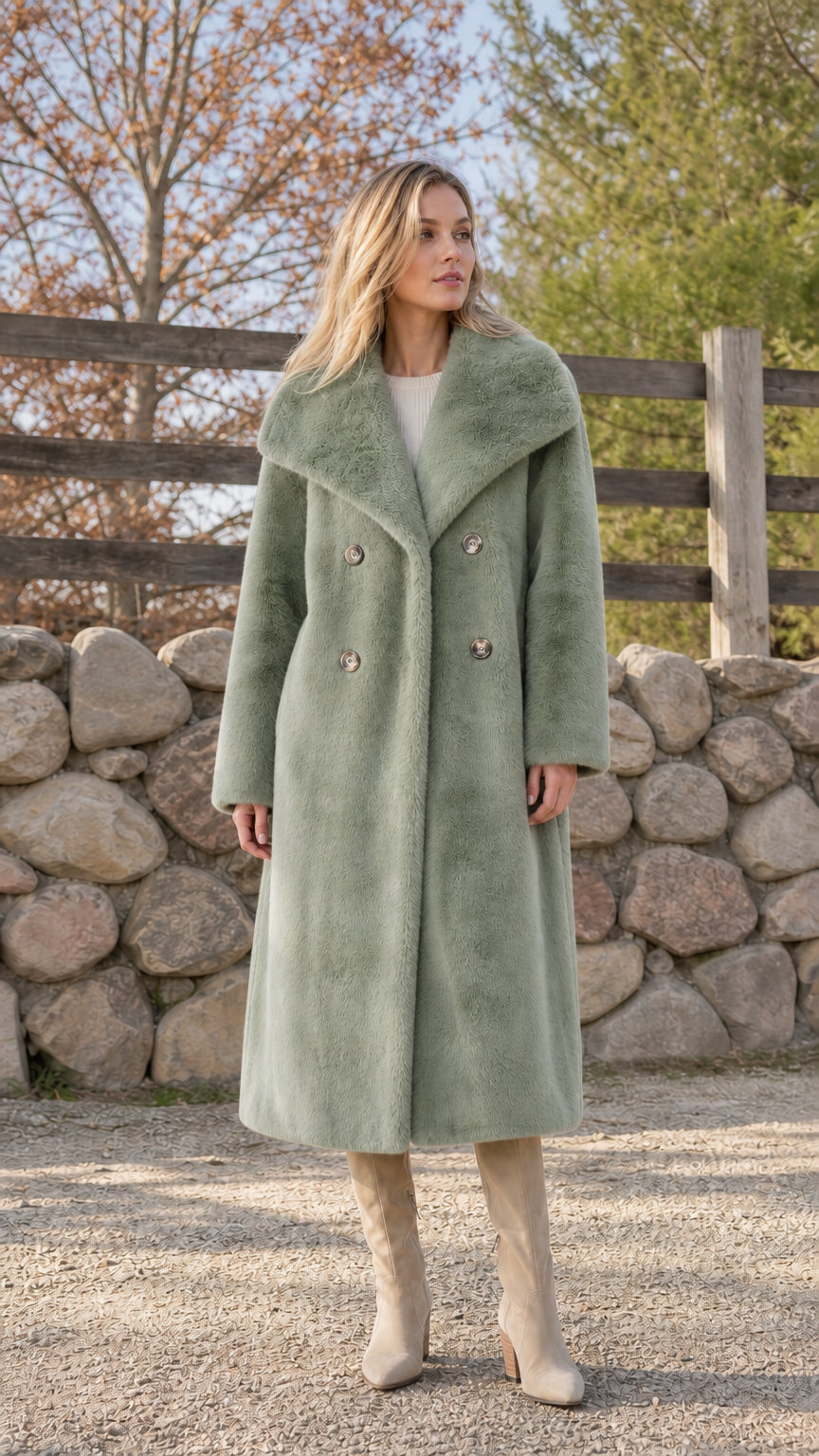 Woman wearing sage green faux fur long coat
