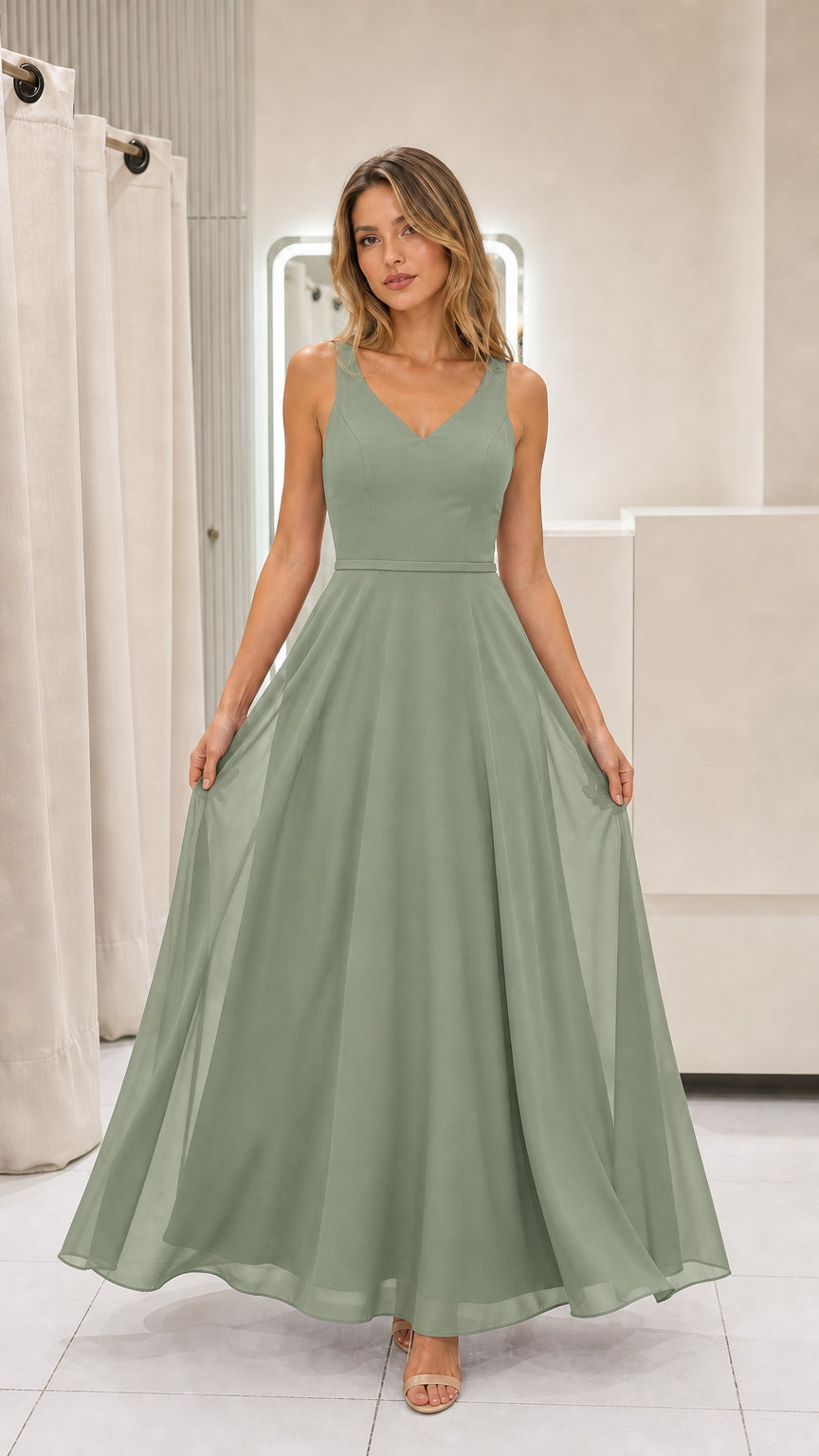 Model wearing sage green chiffon maxi dress