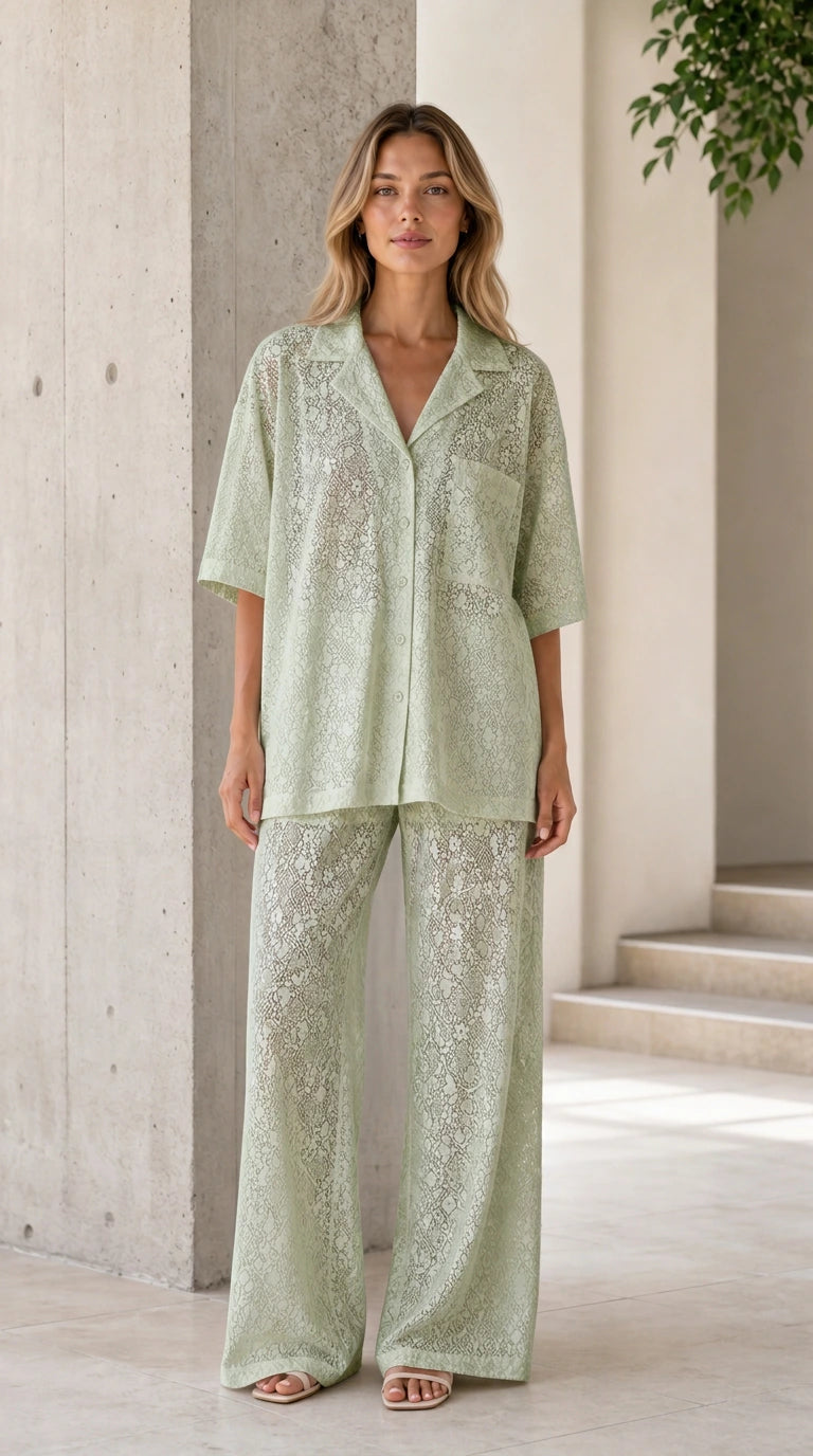 Front view of woman wearing sage green lace shirt and pants set