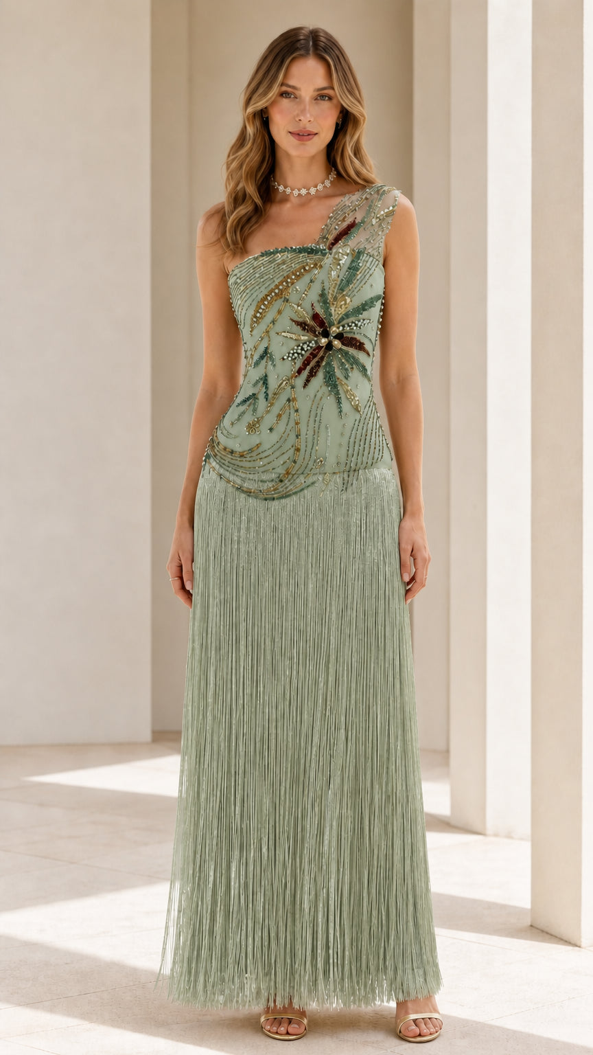Front view of model wearing sage green colorway evening dress