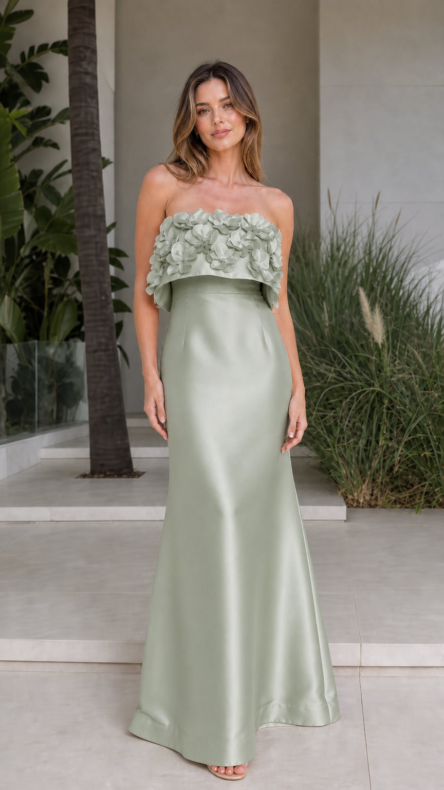 Front view of sage green strapless satin formal gown