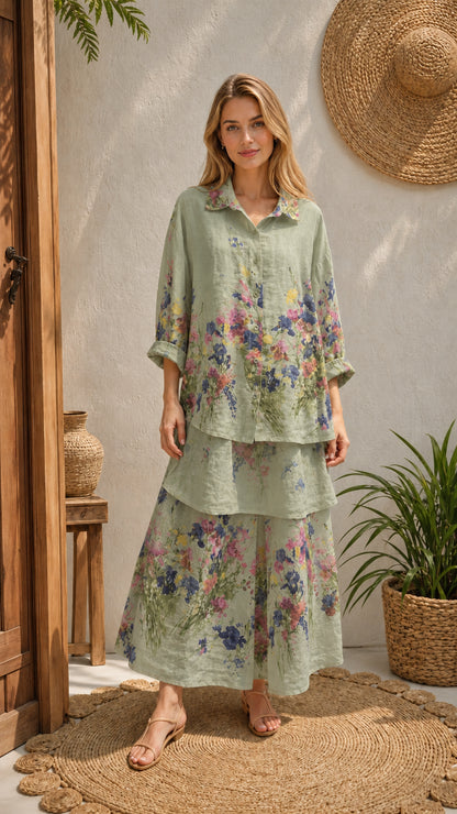 Women's sage green floral two-piece shirt and tiered maxi skirt set