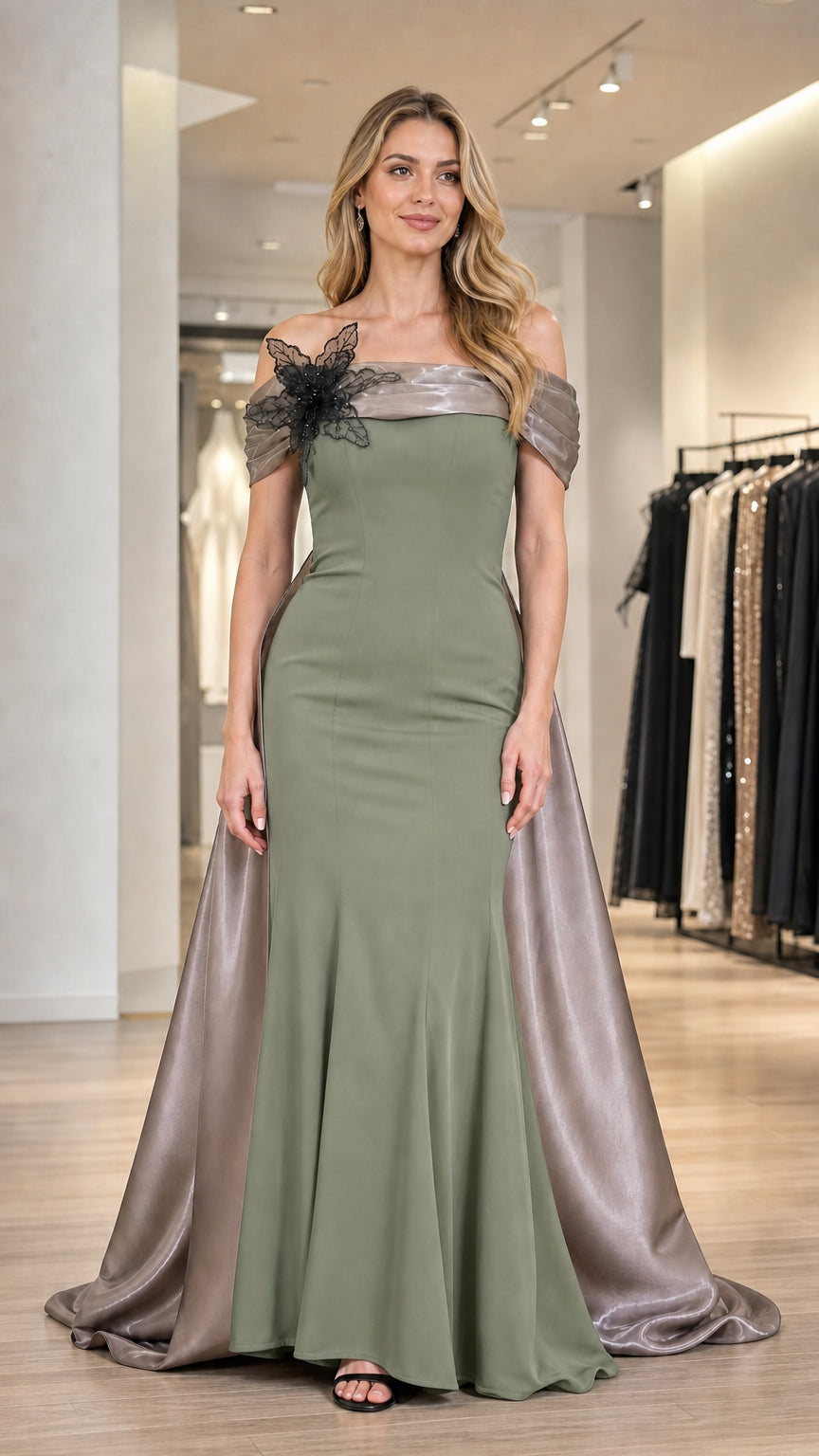 Sage green color variant of the off-shoulder evening gown