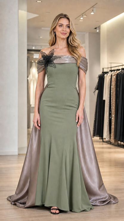 Sage green color variant of the off-shoulder evening gown