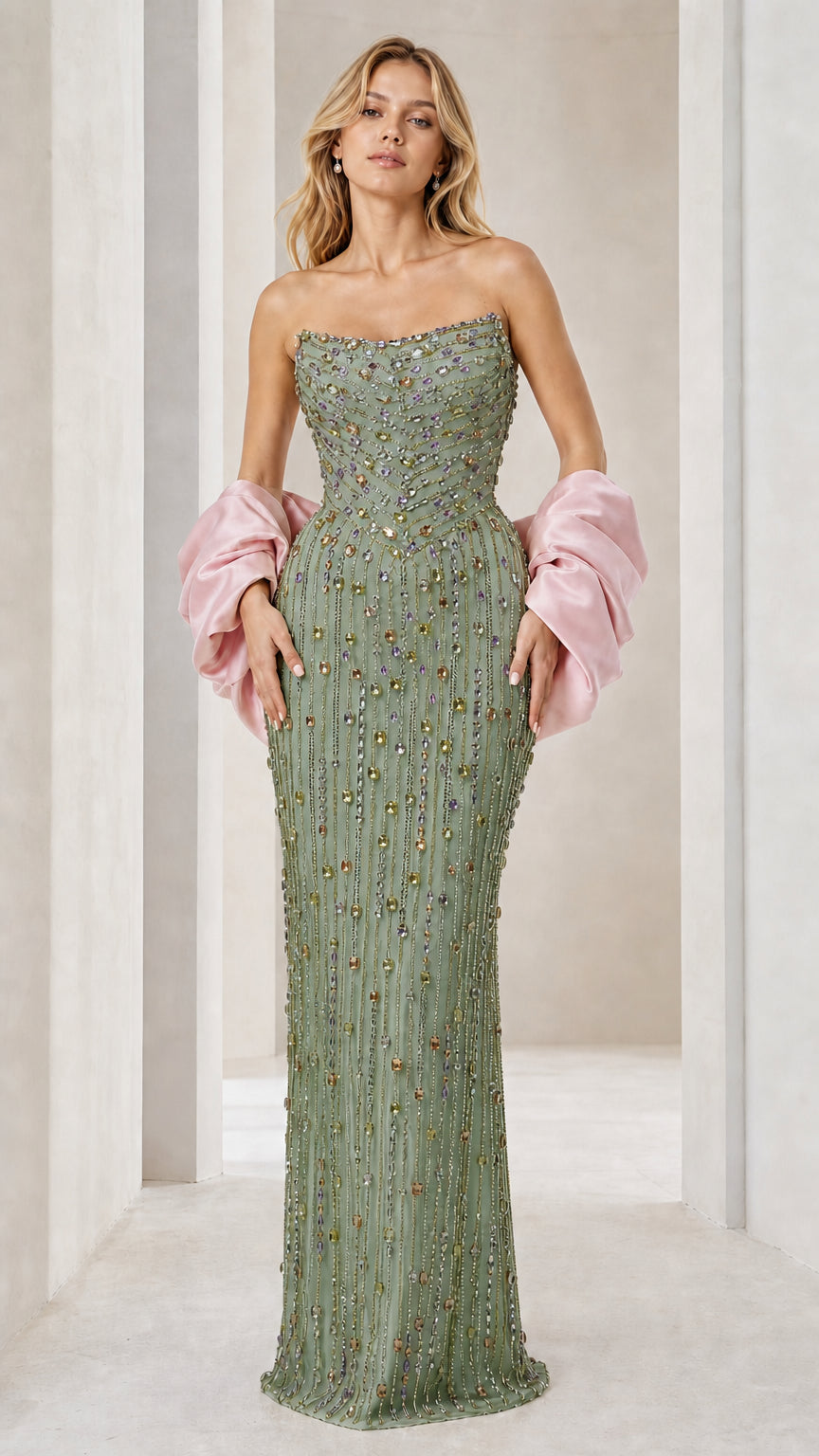 Front view of sage green beaded evening gown