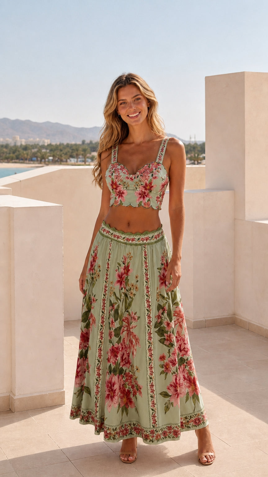 Model wearing sage green floral two-piece crop top and maxi skirt set