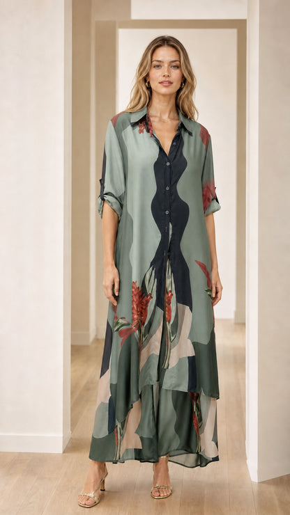 Model wearing sage green color variant of maxi shirt dress