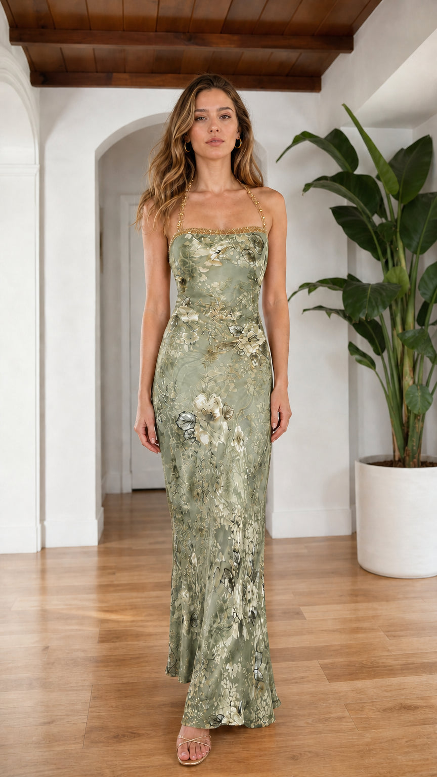 Front view of model in Sage Green floral maxi slip dress