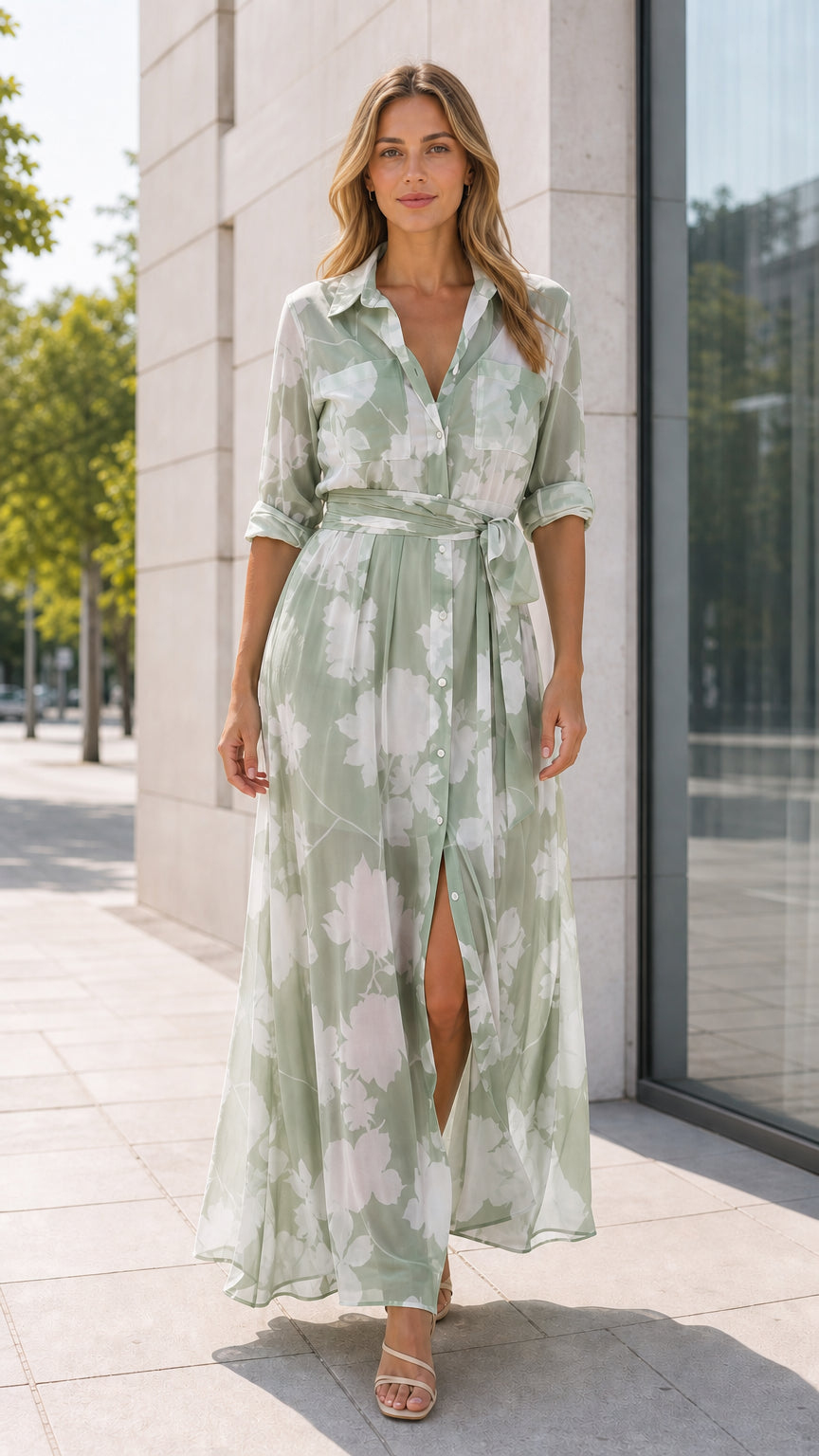 Sage green floral print maxi shirt dress with three-quarter sleeves