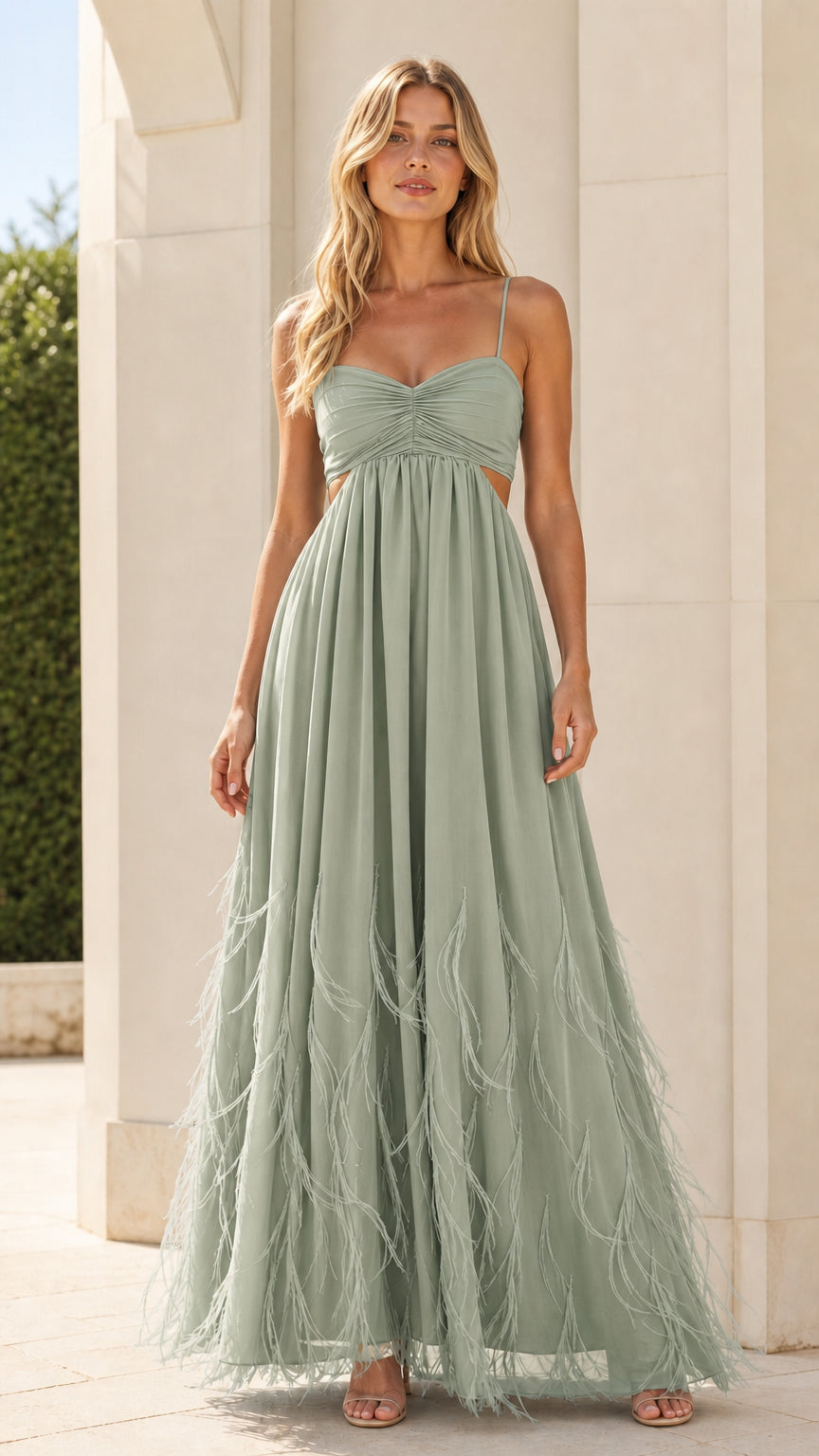 Model wearing sage green variant of the feather trim maxi dress