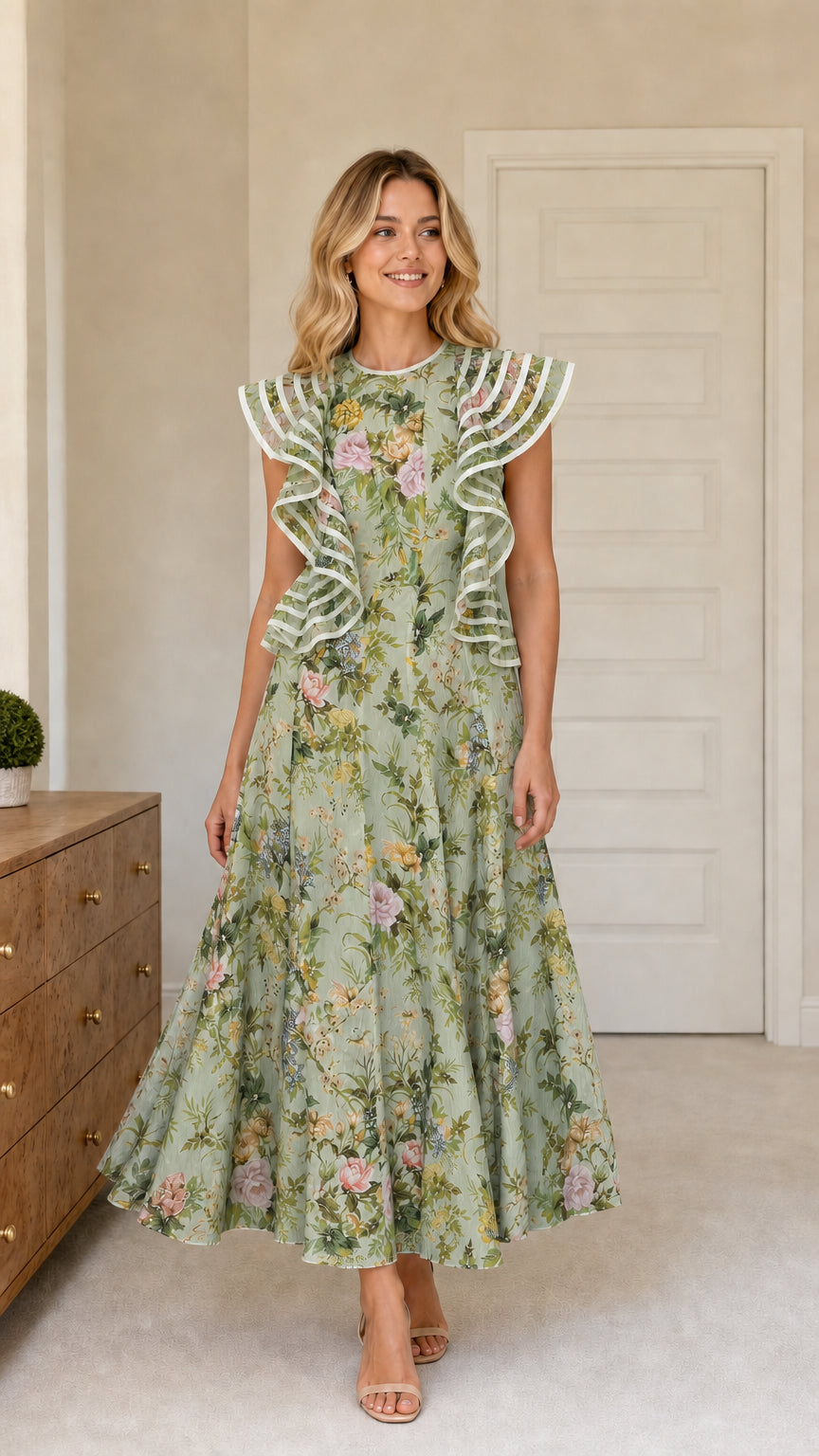 Model wearing sage green floral ruffle maxi dress