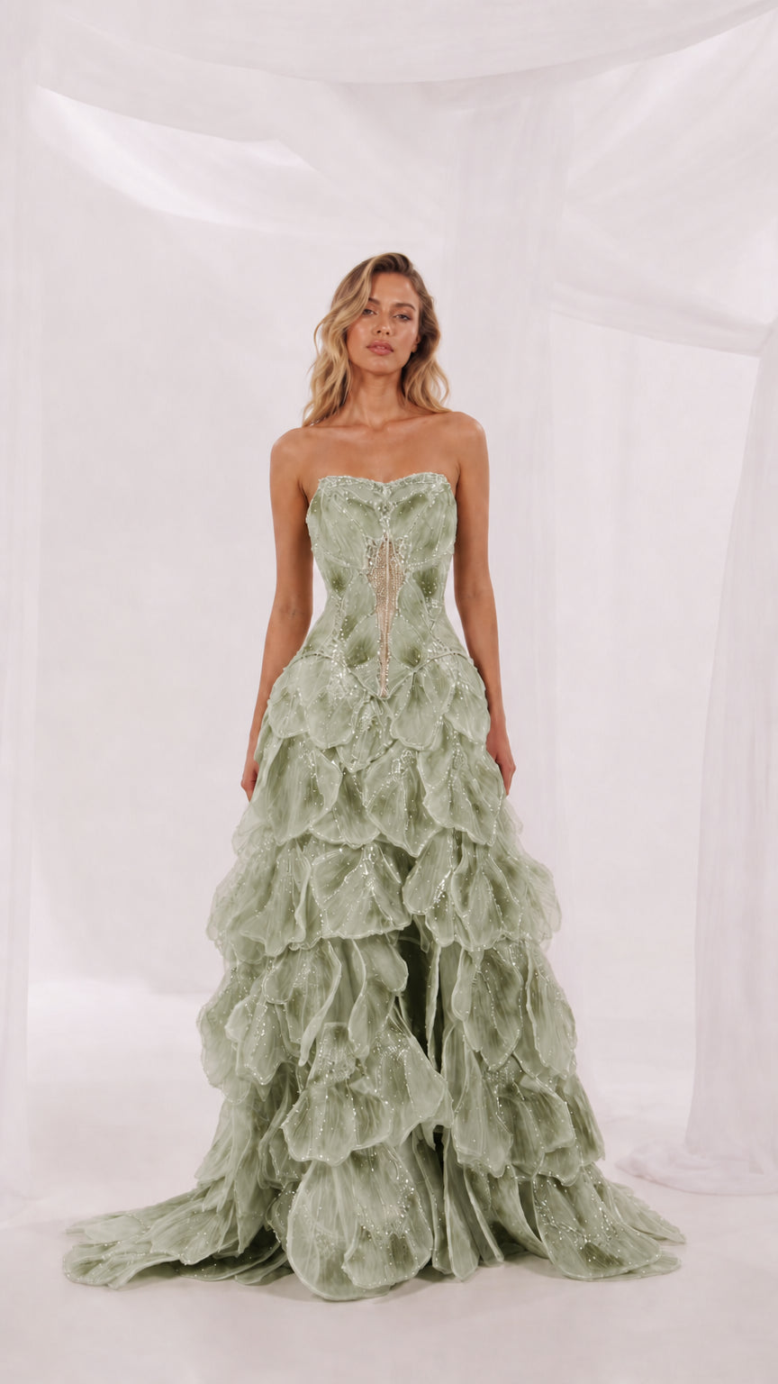 Front view of sage green strapless evening gown