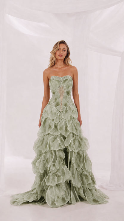 Front view of sage green strapless evening gown
