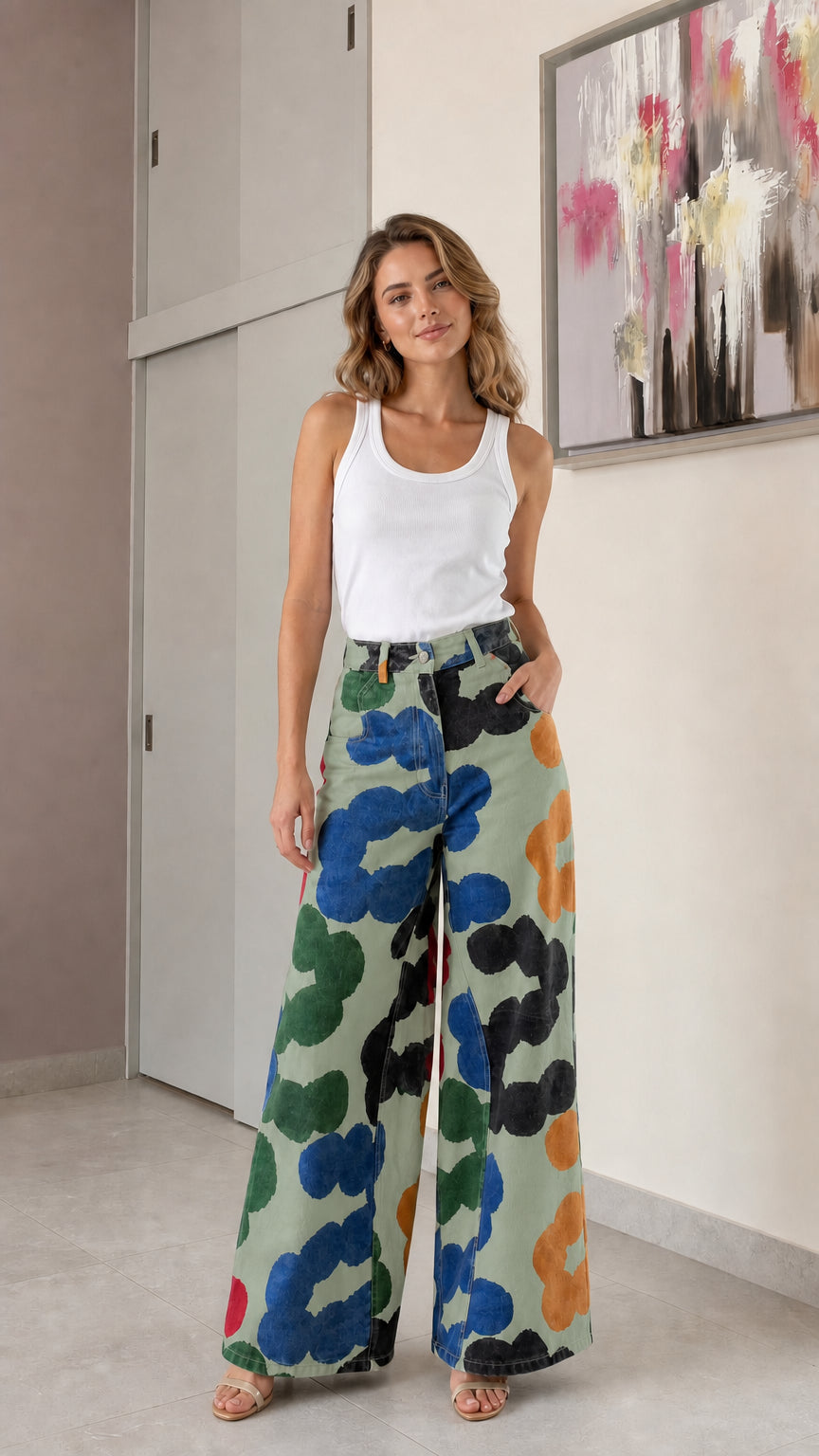 Woman wearing sage green background floral wide-leg denim jeans