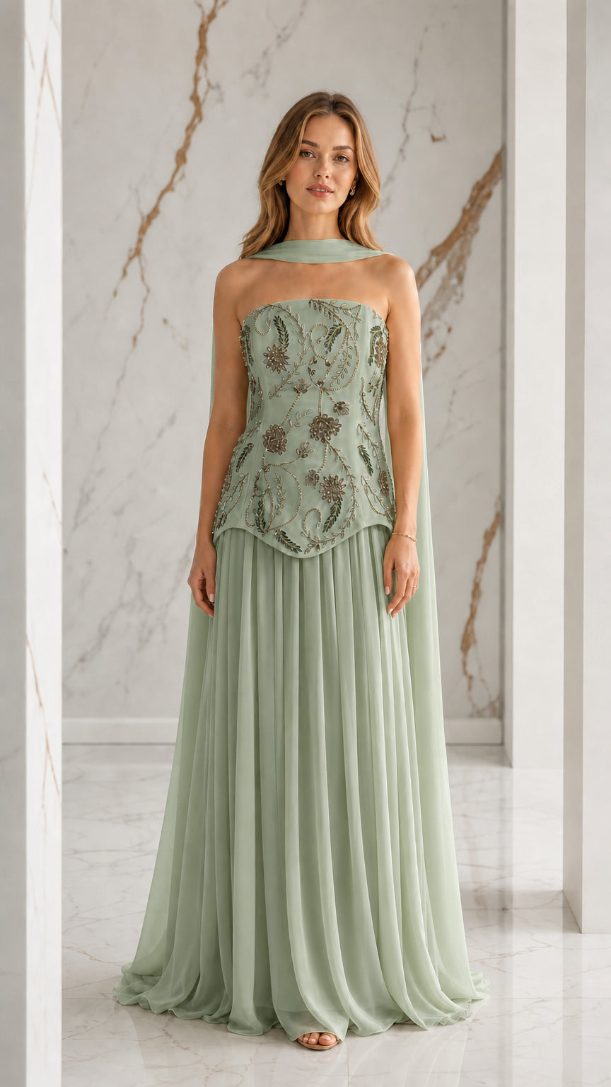 Sage green strapless evening gown with floral embroidered bodice and scarf