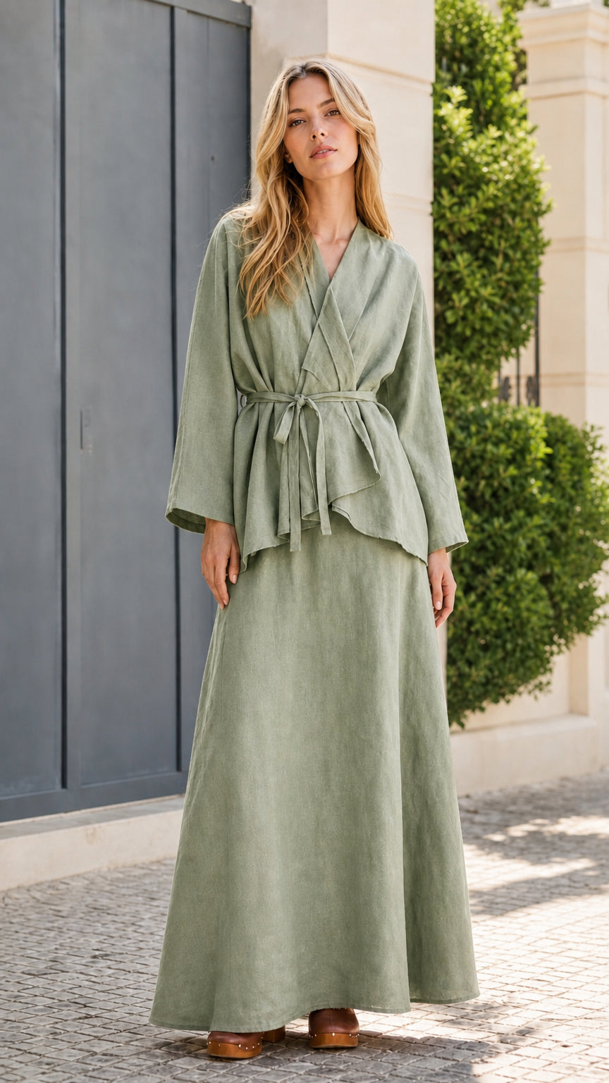 Front view of model wearing sage green two-piece set