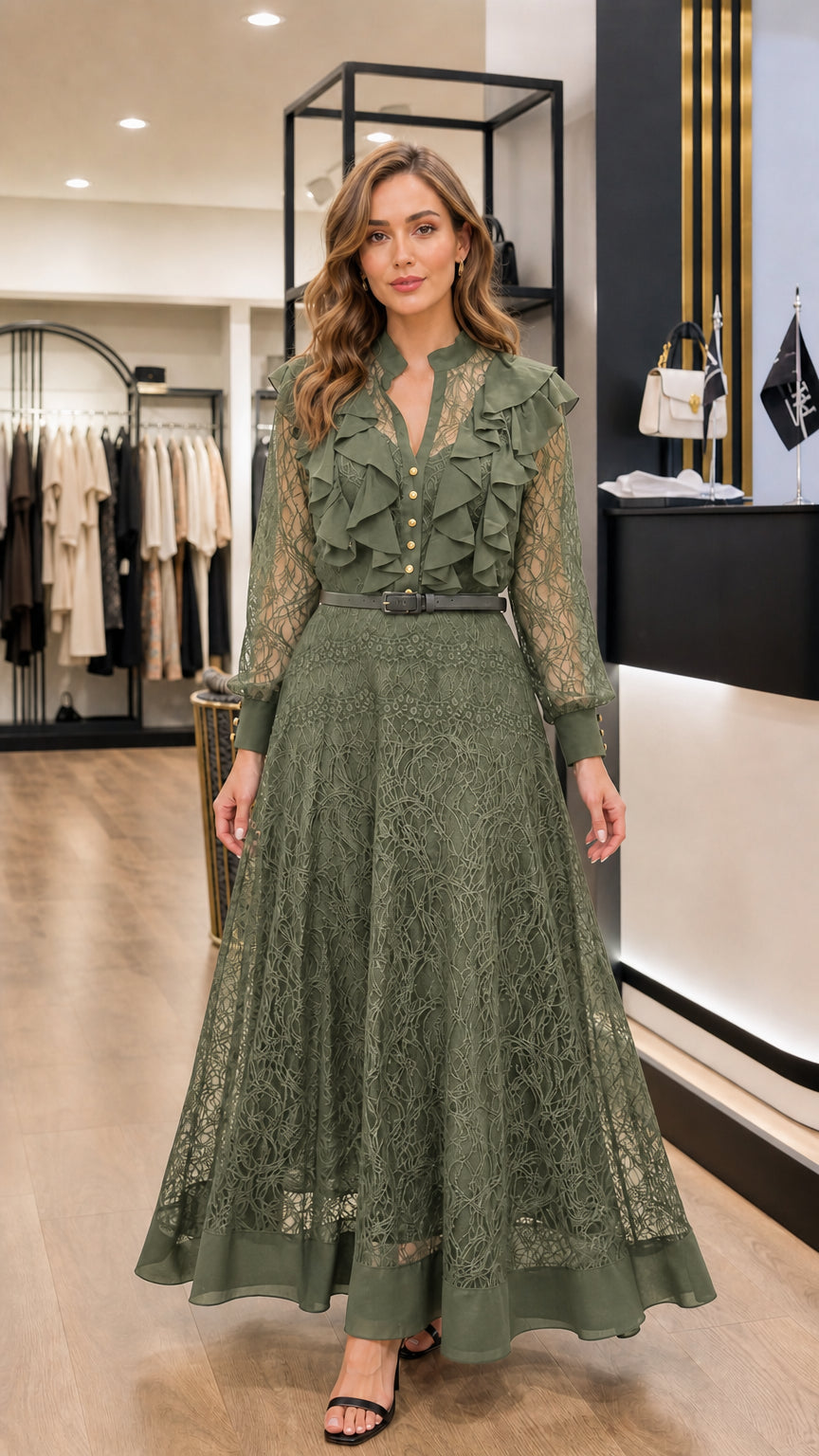 Front view of sage green long sleeve lace maxi dress with ruffles and belt