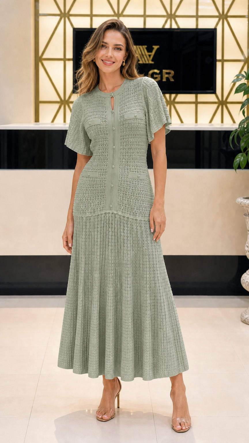 Front view of model wearing sage knit midi dress
