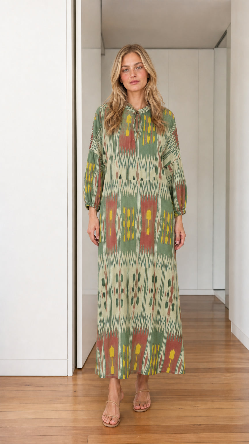 Front view of green printed maxi dress variant