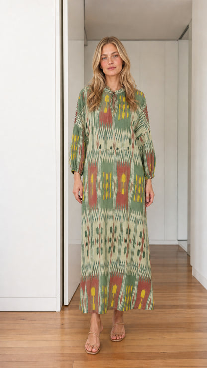 Front view of green printed maxi dress variant