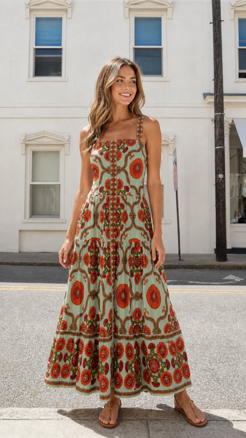 Model wearing sage colorway of the floral tiered maxi dress