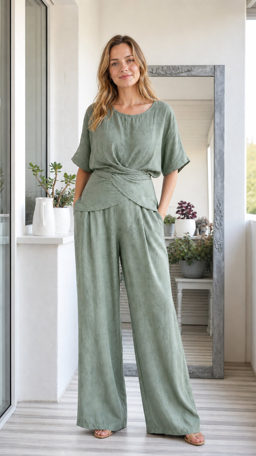 Model wearing sage green two-piece short sleeve twist top and wide leg pants set