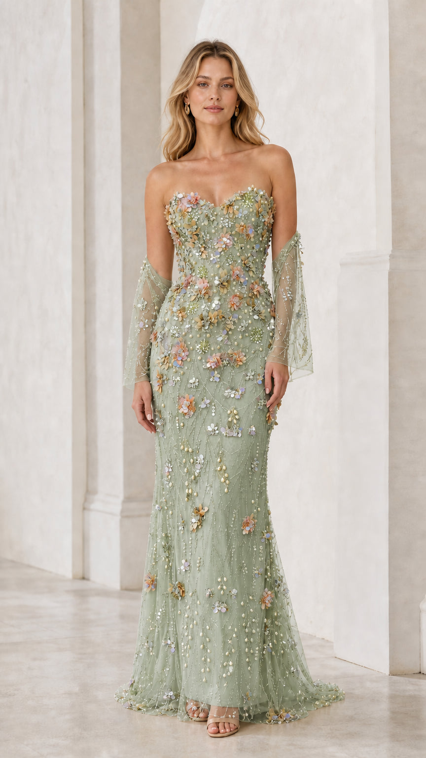 Front view of sage green evening dress with floral embellishments