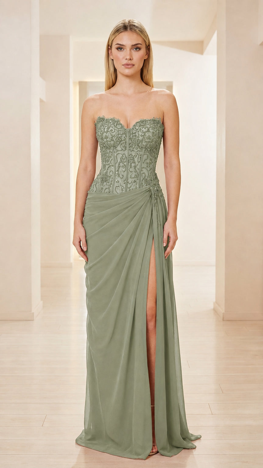 Front view of sage green strapless corset evening gown