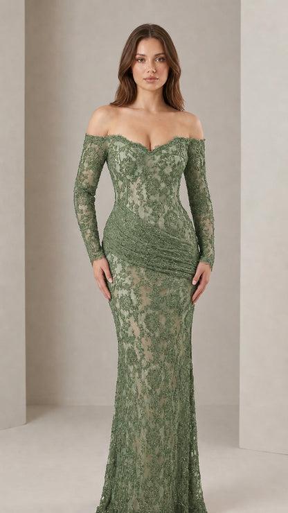 Off-Shoulder Long Sleeve Lace Evening Gown in Sage Green