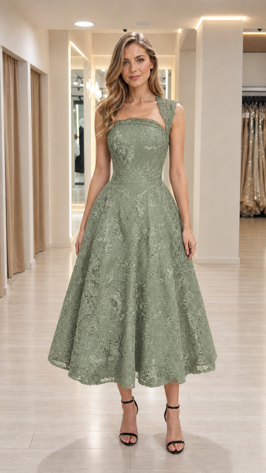 Front view of woman wearing sage green lace midi dress