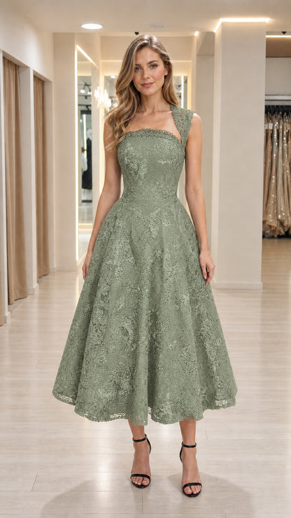 Front view of woman wearing sage green lace midi dress