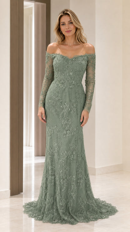 Front view of sage green evening gown