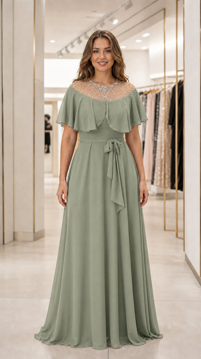 Front view of sage green evening dress