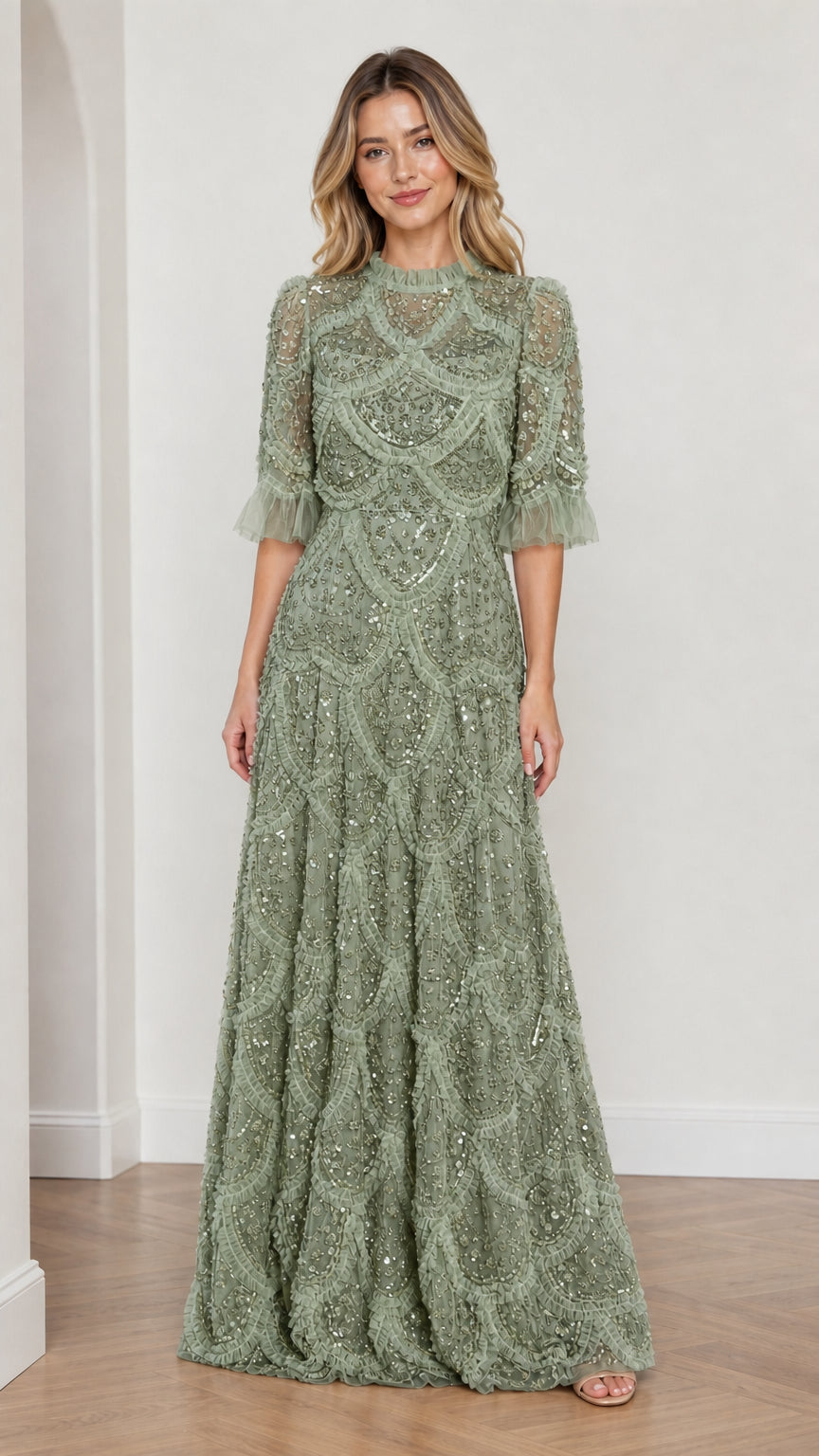 Model wearing Sage embellished ruffle mock neck maxi dress, front view