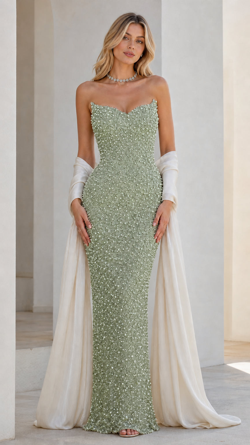 Front view of sage green beaded strapless evening dress with draped wrap