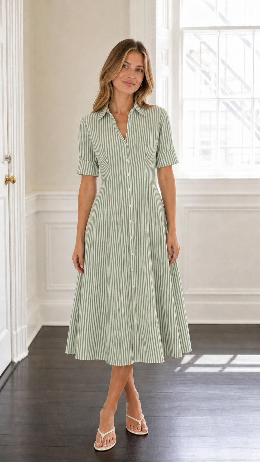 Model wearing green striped midi shirt dress
