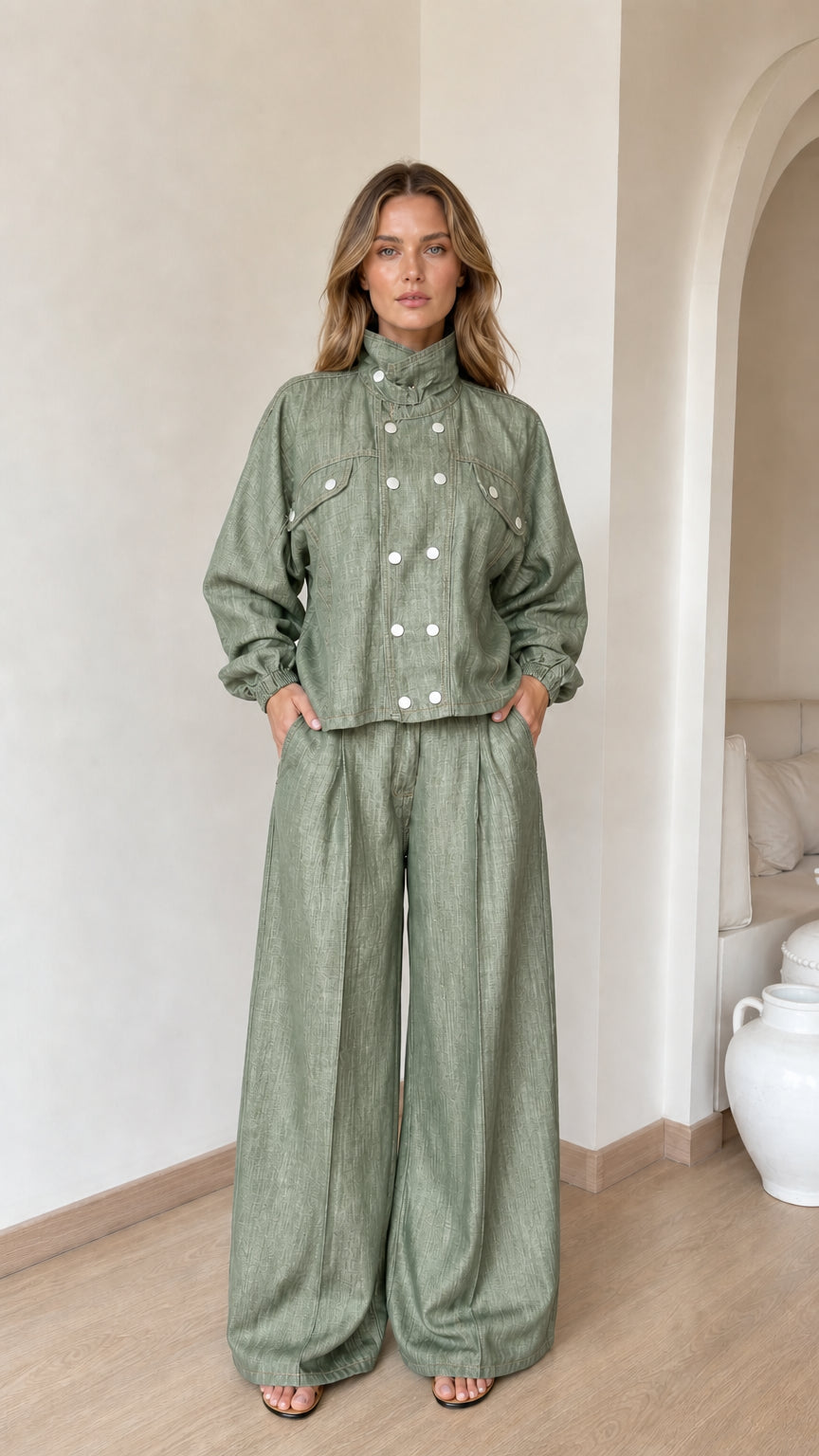 Model wearing sage green denim jacket and wide-leg pants set